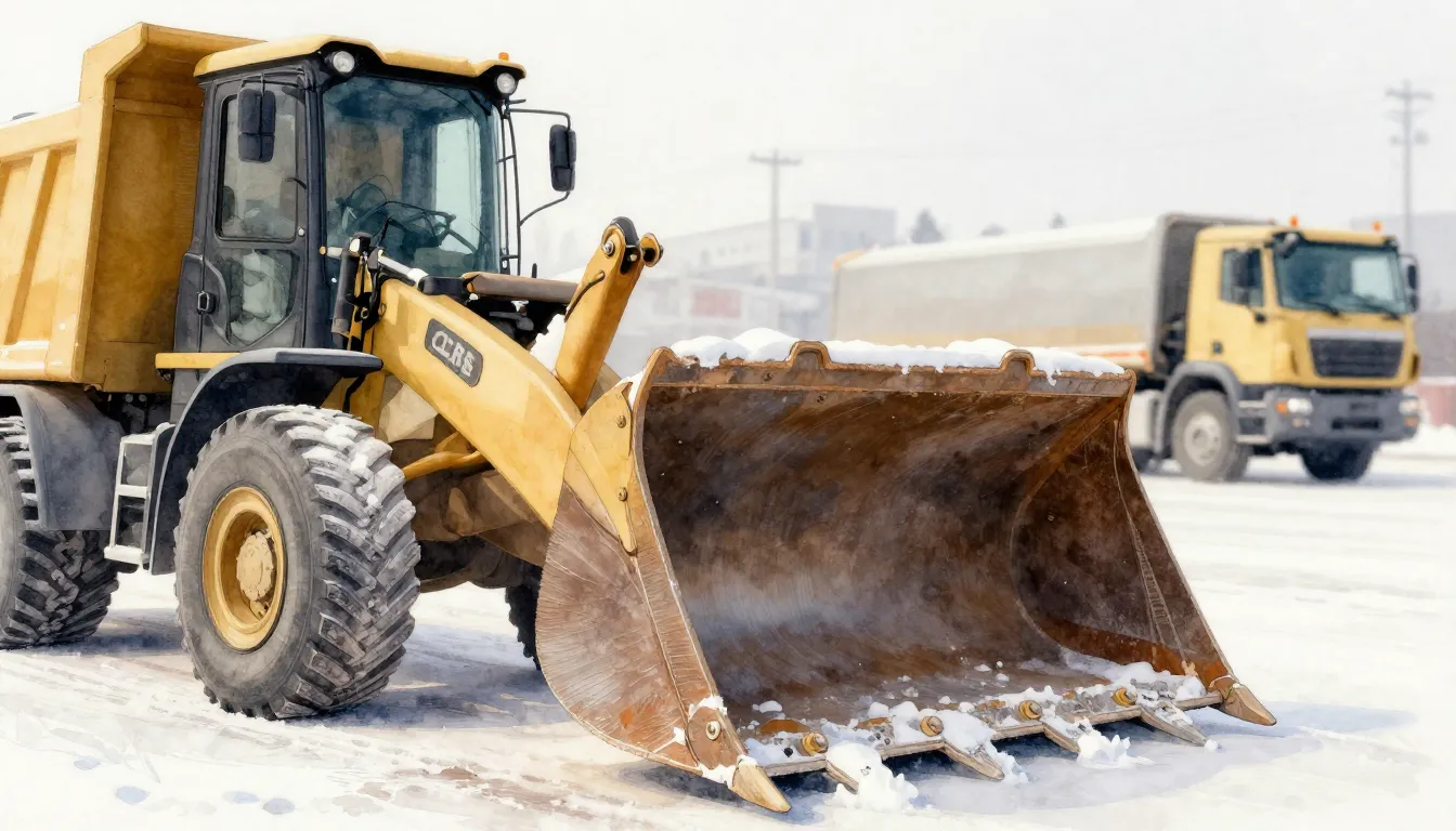 Watercolor style. Close-up of a heavy loader bucket lifting ...