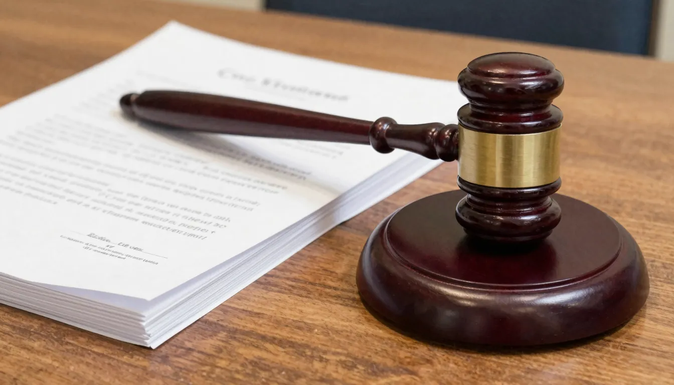 Watercolor style. A close-up of a wooden gavel and a stack o...