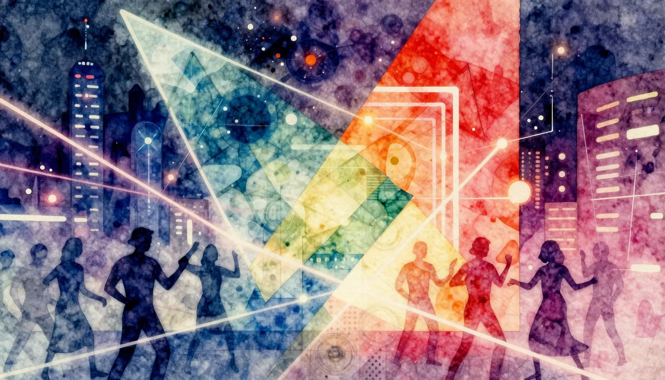 Vibrant watercolor style. Techno album cover, nostalgic, abs...