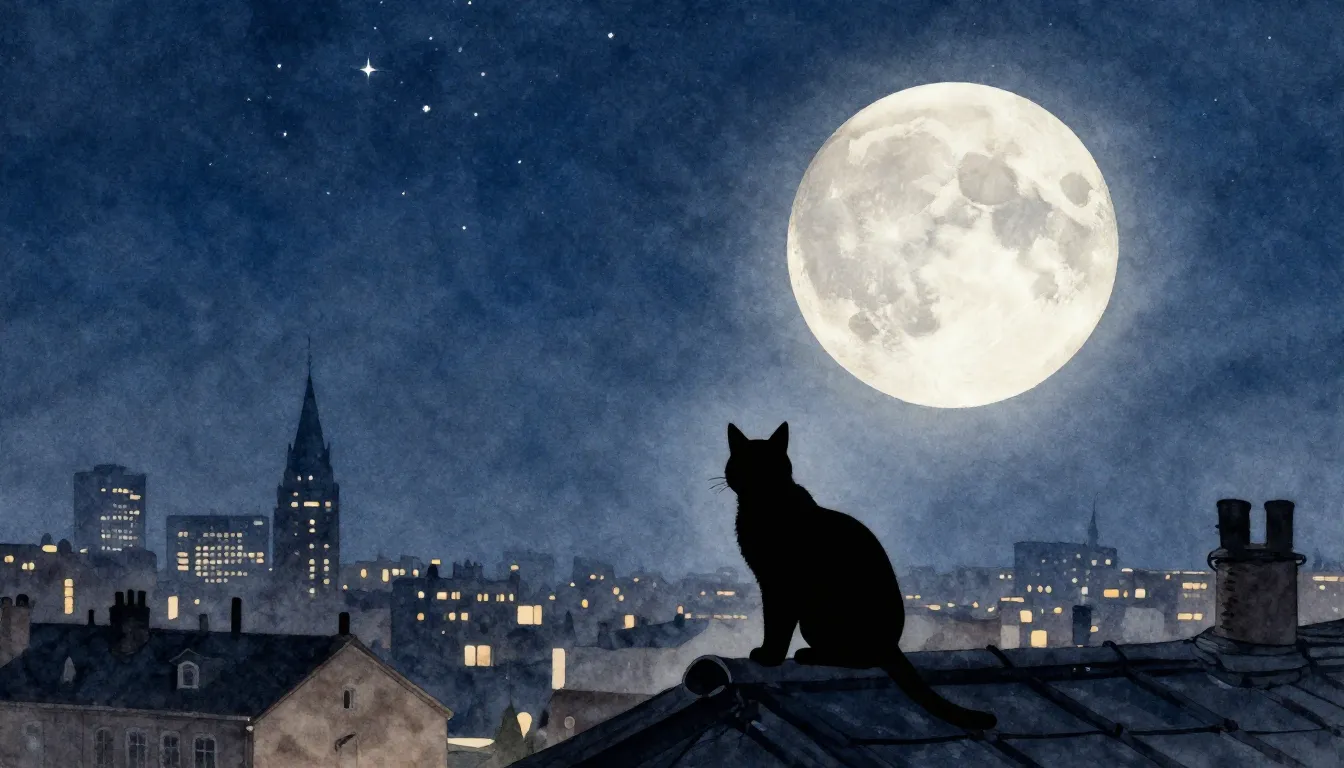 Watercolor style. Silhouette of a cat on a rooftop under a g...