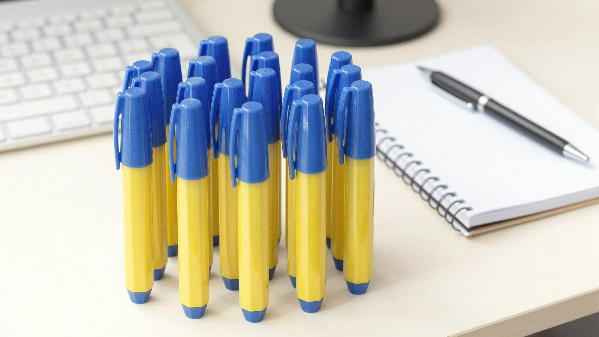 Watercolor style. A set of 50 ballpoint pens with yellow hex...