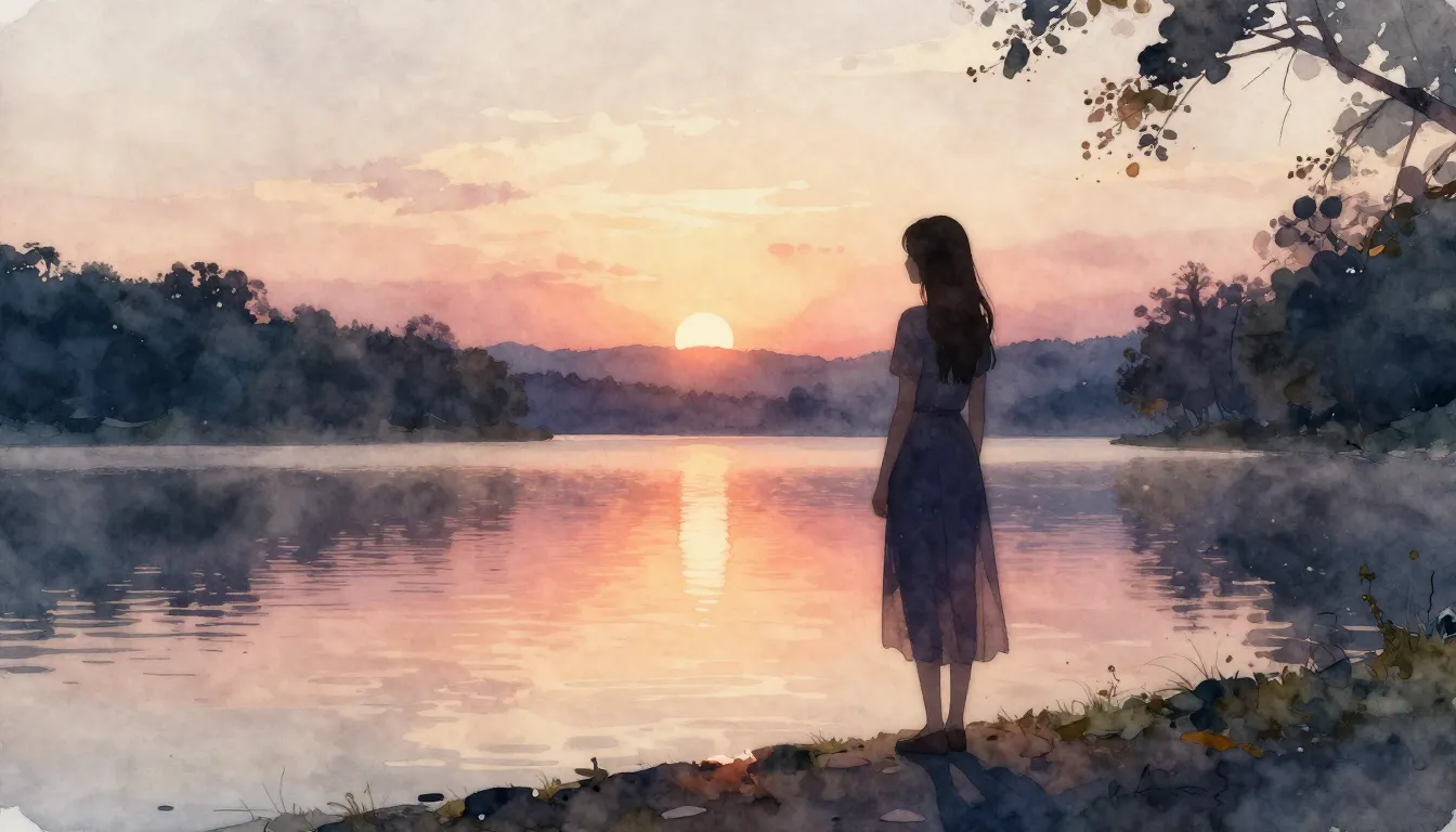 Watercolor style. Silhouette of a woman standing near a calm...