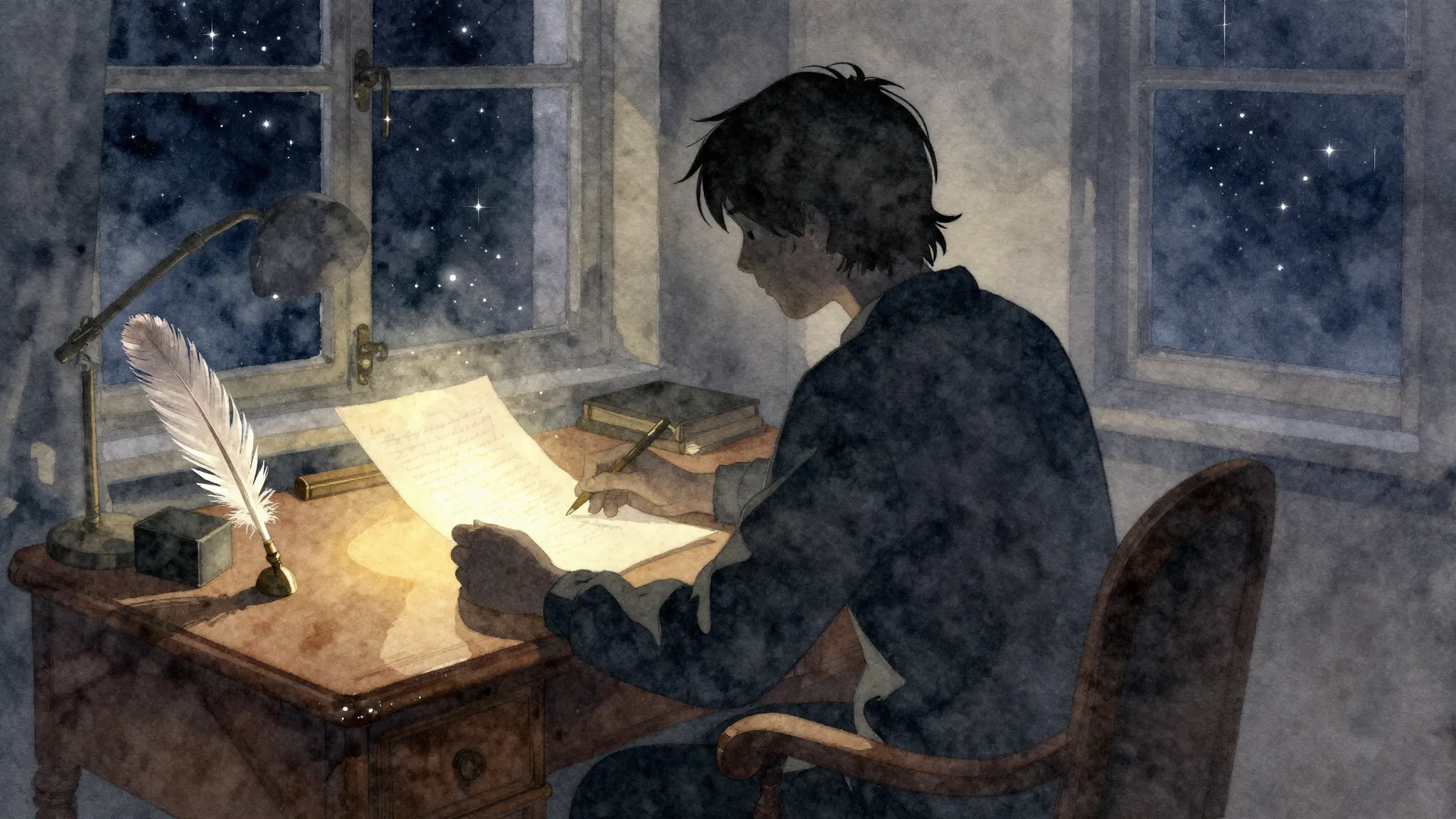 Watercolor style. A silhouette of a person sitting at a vint...