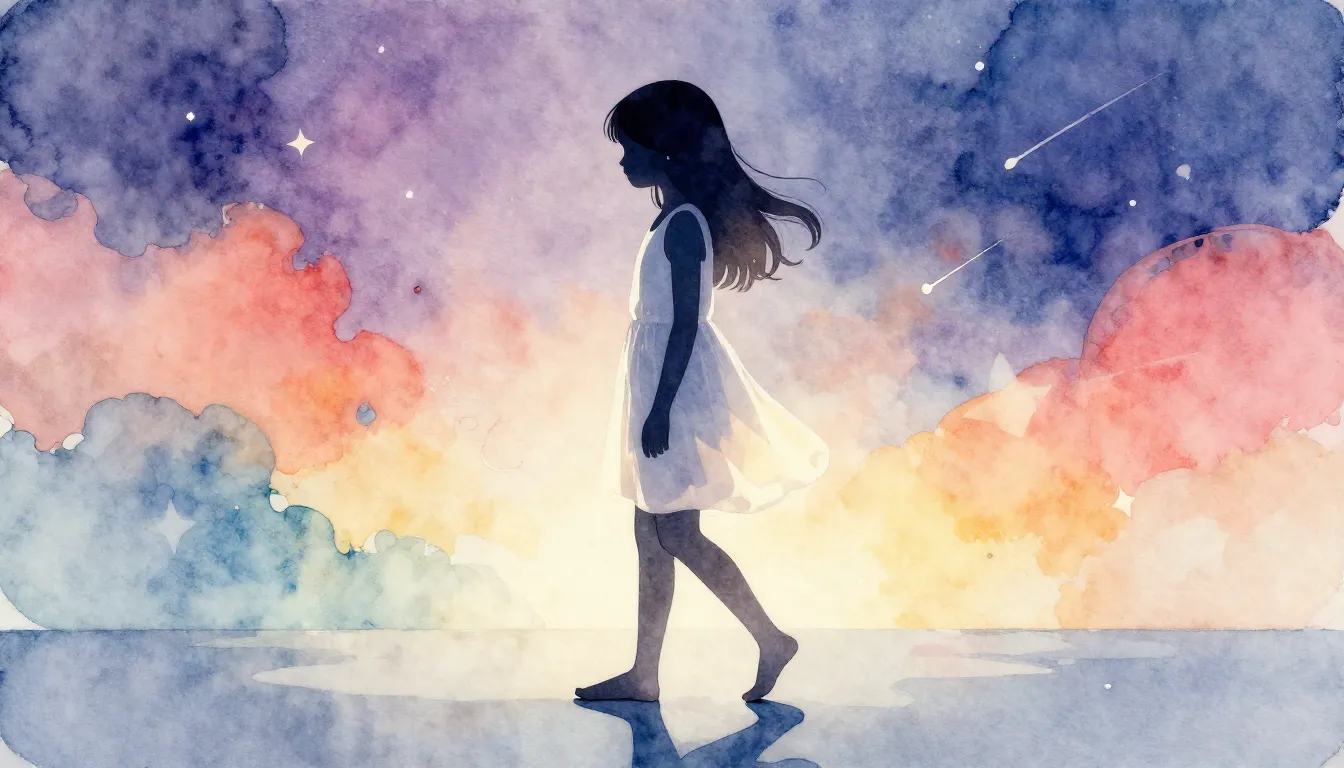 Watercolor style. A silhouette of a girl walking barefoot on...