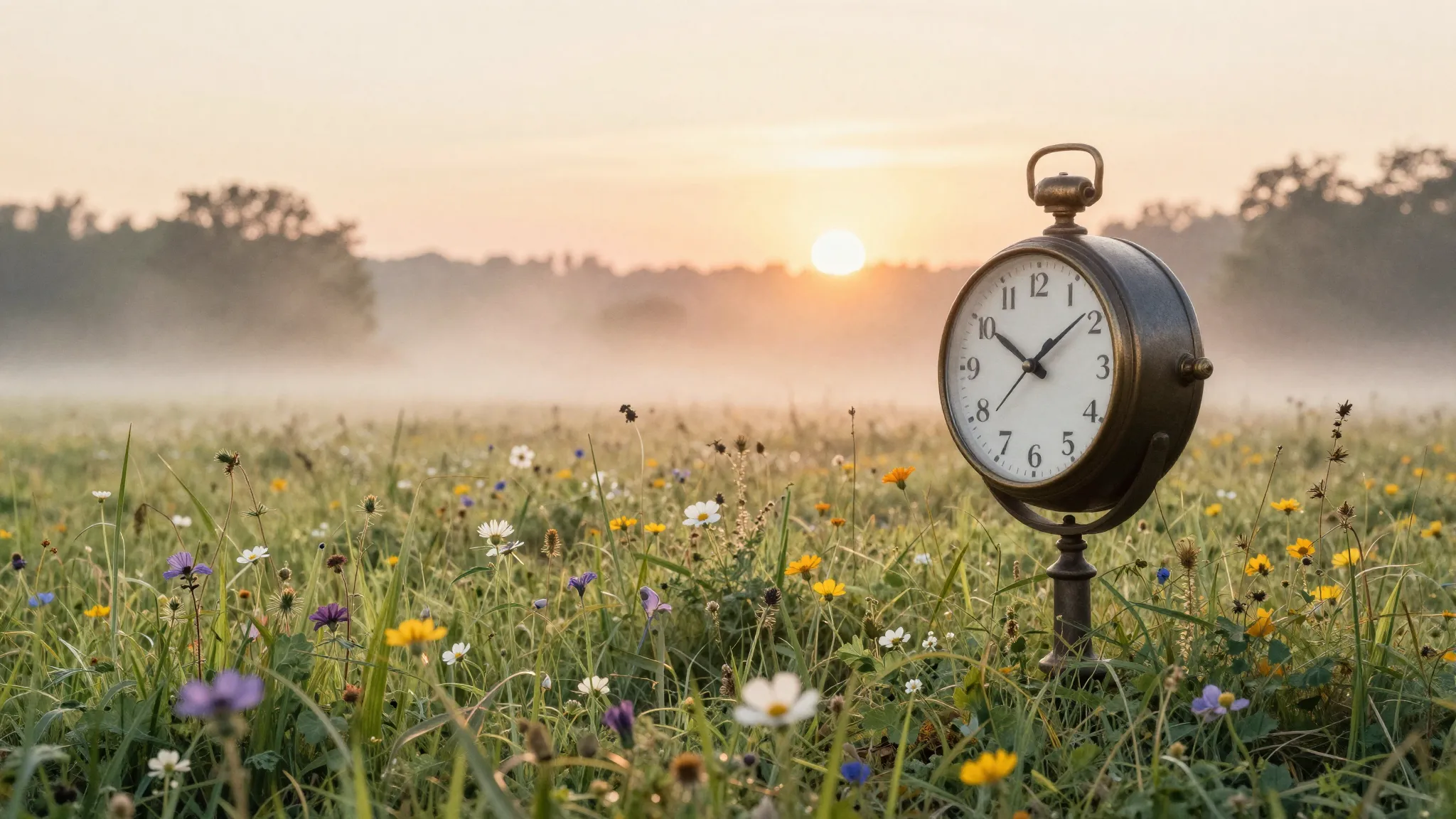 Watercolor style. A peaceful sunrise over a quiet meadow wit...