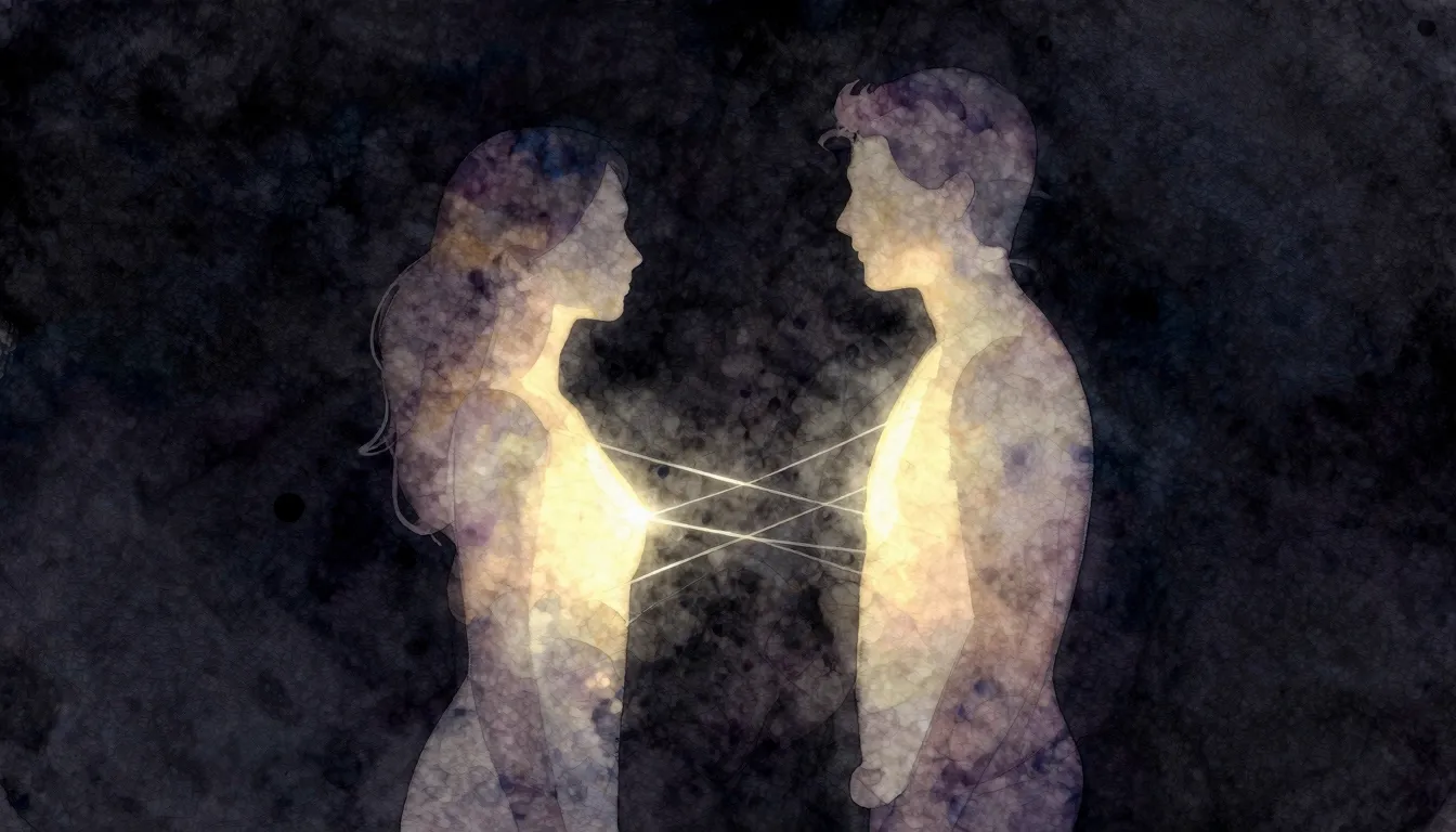Watercolor style. Abstract art, two glowing silhouettes faci...
