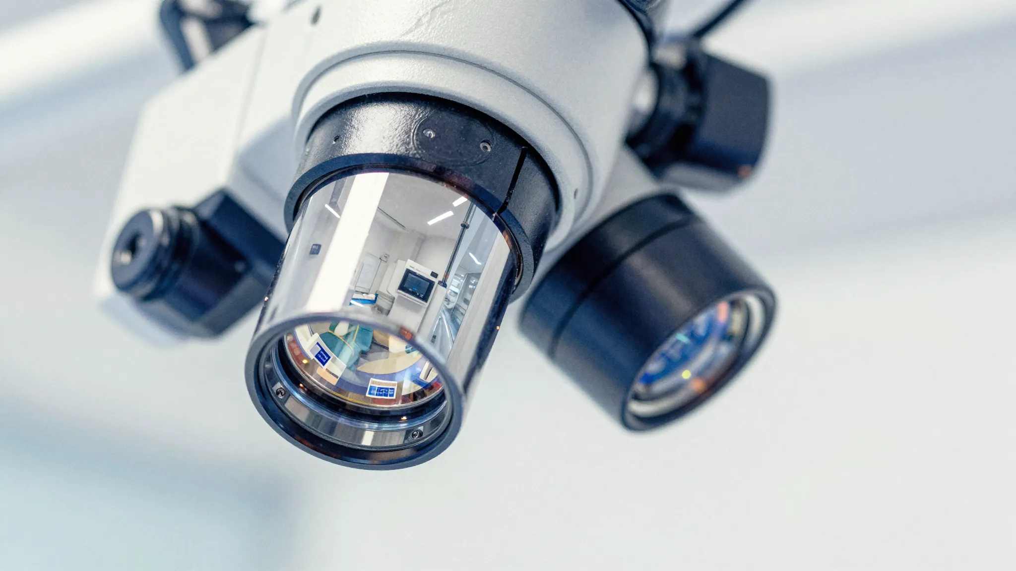 Watercolor style. Close-up of a sleek dental microscope lens...