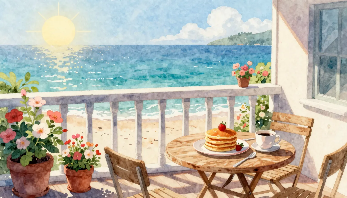 Watercolor style. A cozy seaside balcony with blooming flowe...