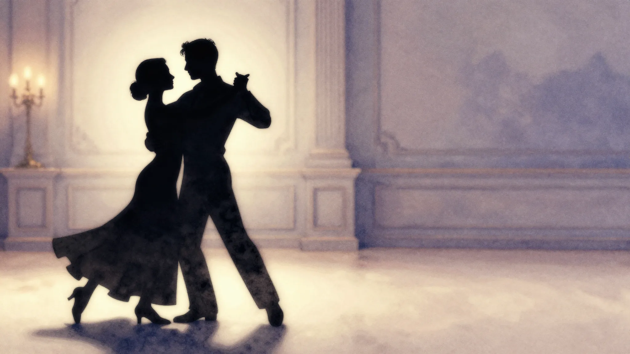 Watercolor style. Silhouette of a couple dancing a slow danc...