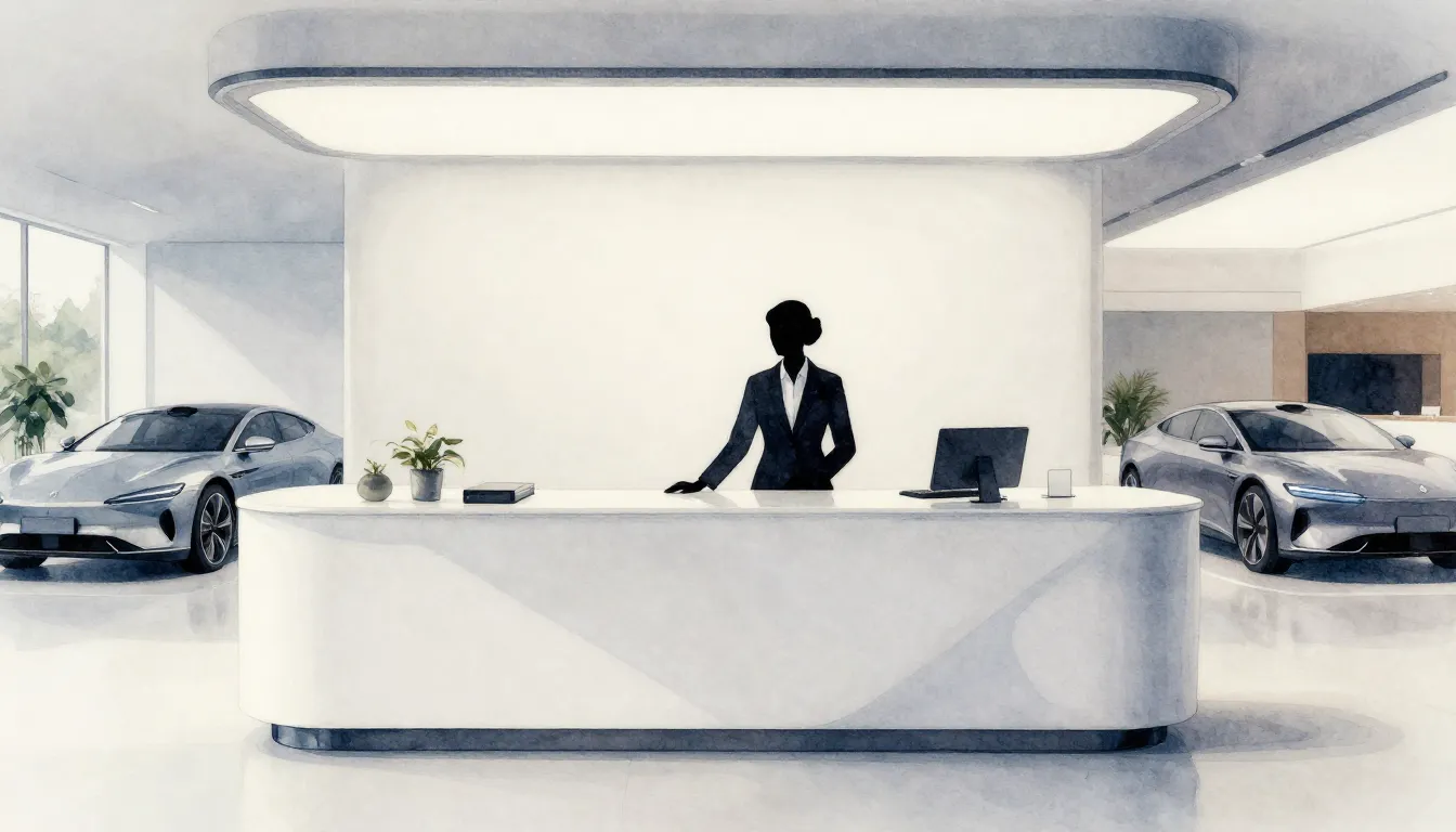 Watercolor style. Modern minimalist car showroom interior, s...