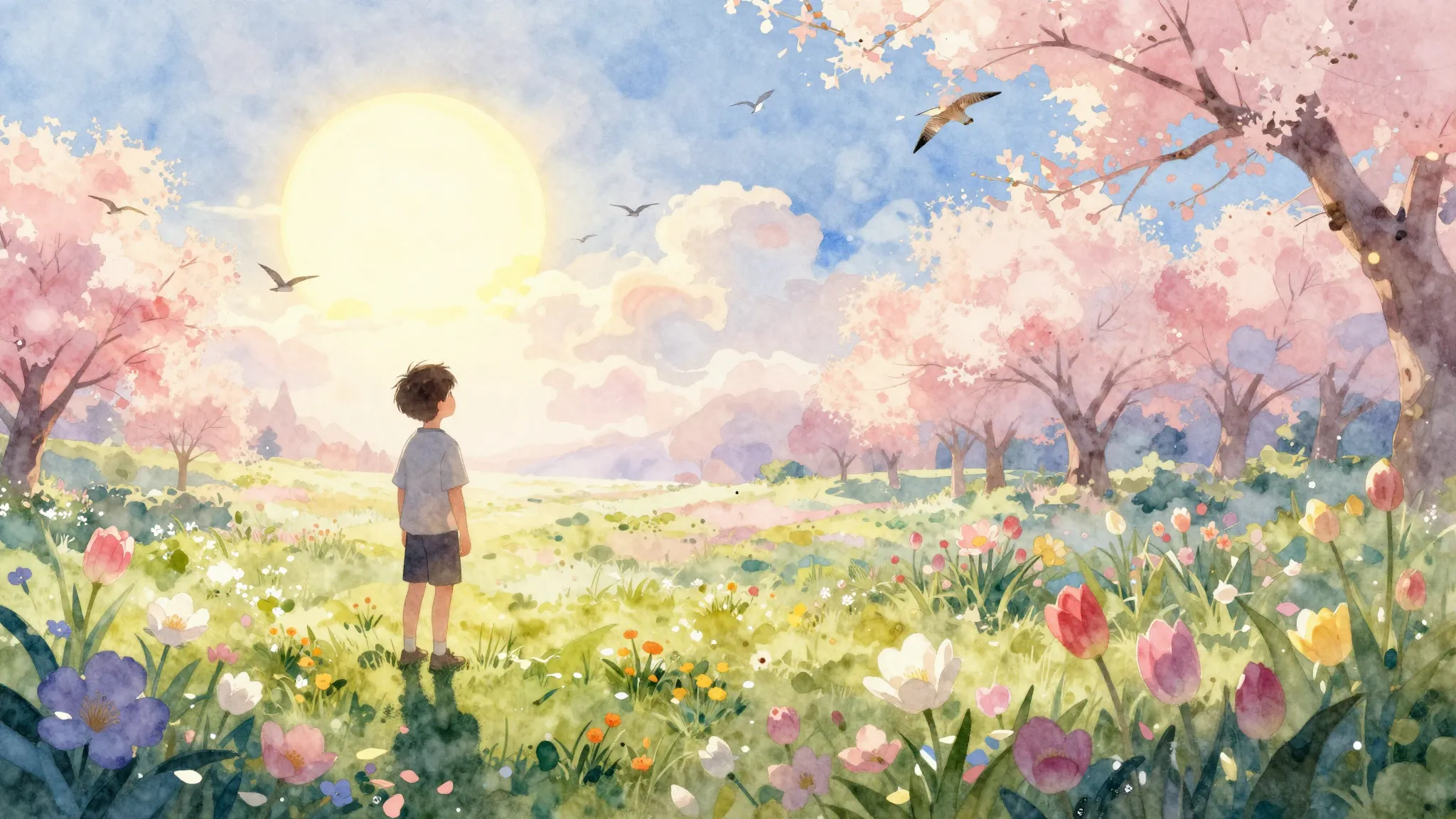 Watercolor style. A bright glowing sun over a blooming sprin...