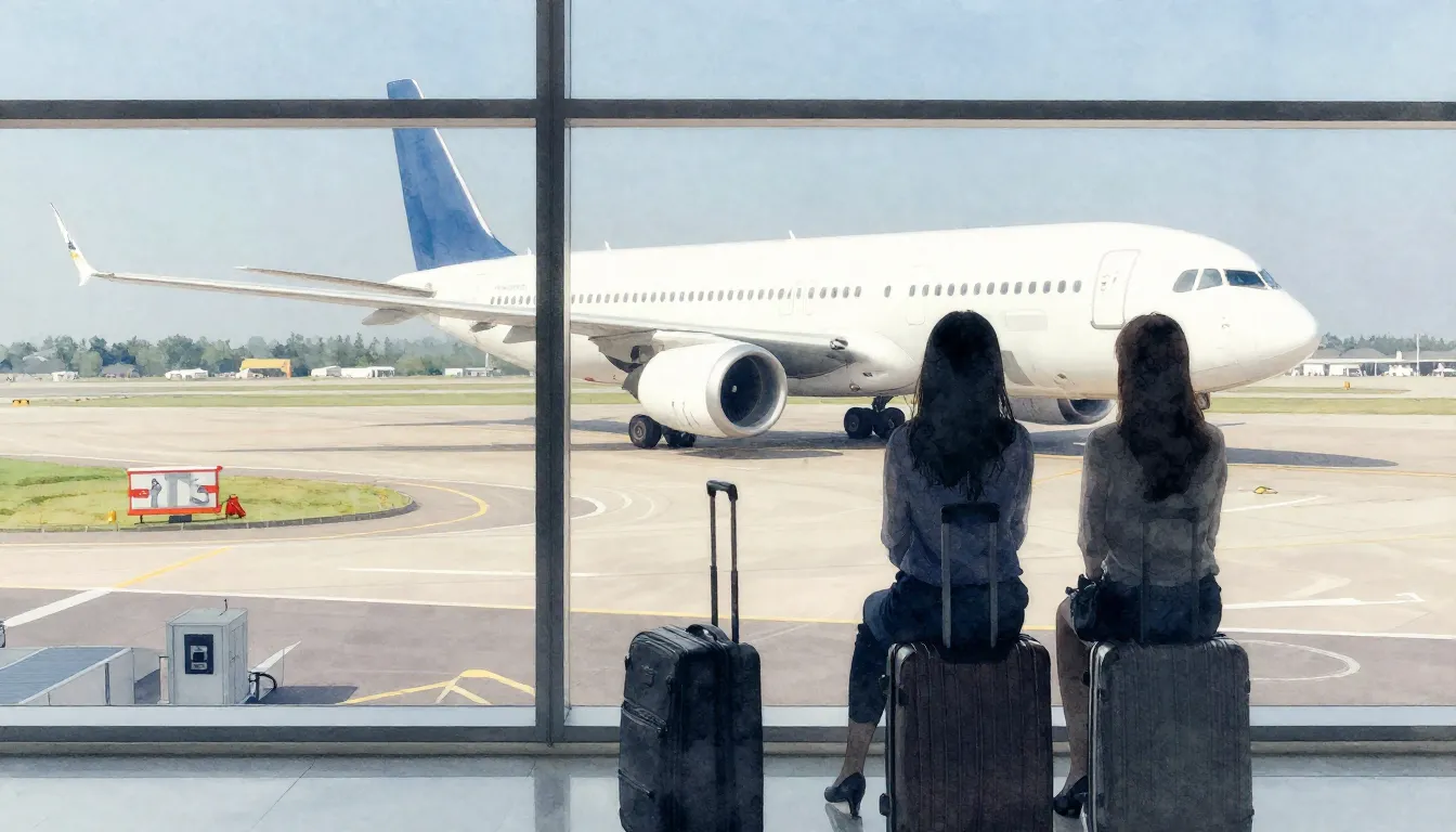 Watercolor style. Two female silhouettes sitting on suitcase...
