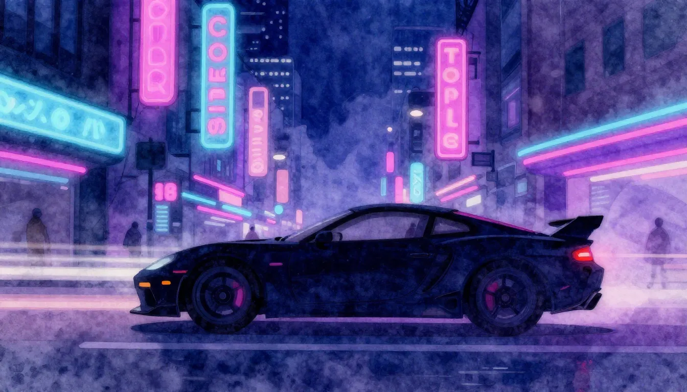 Watercolor style. Cyberpunk city street at night, glowing ne...