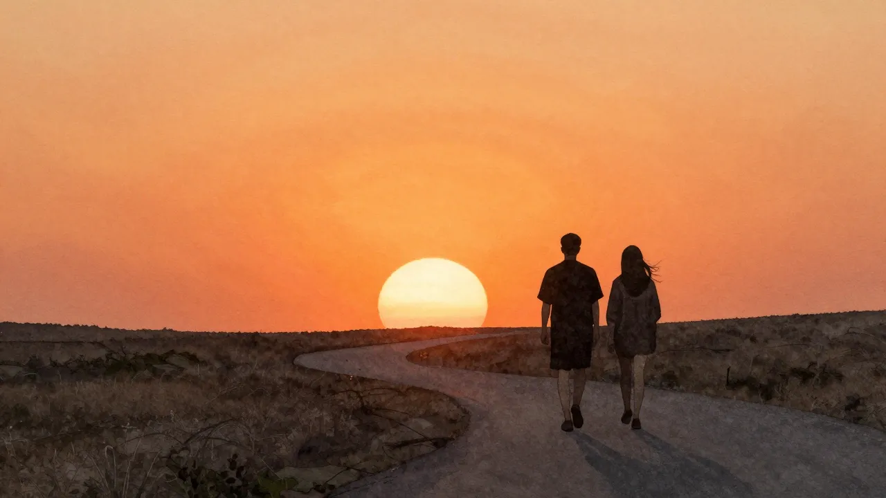 Watercolor style. Silhouettes of two people walking along a ...
