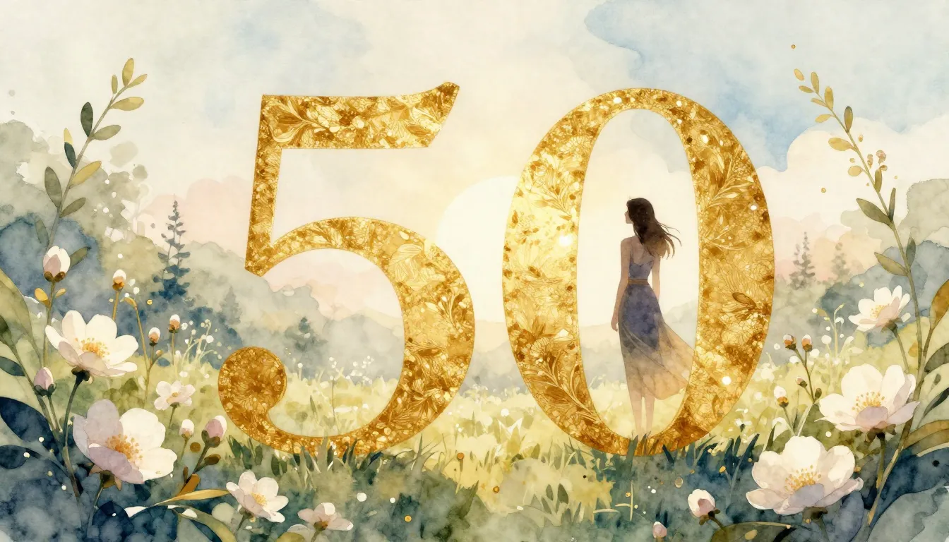 Watercolor style. Golden number 50 in a blooming garden, sil...
