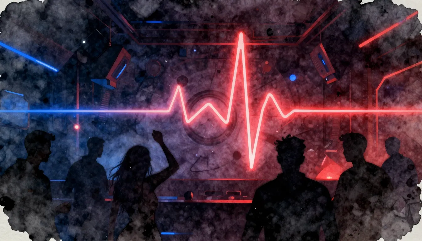 Watercolor style. Dark techno club atmosphere, abstract glow...