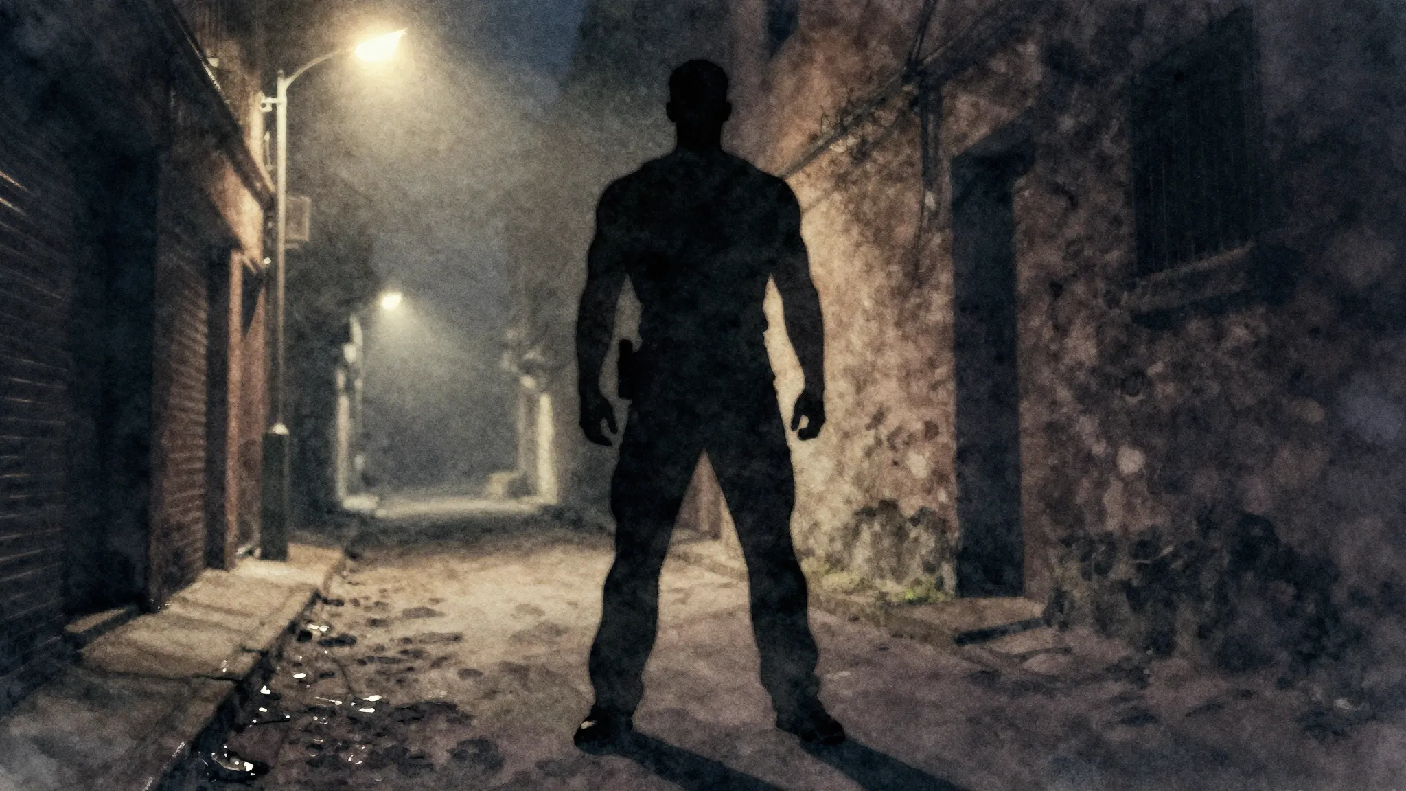 Watercolor style. Silhouette of a strong man standing in a d...