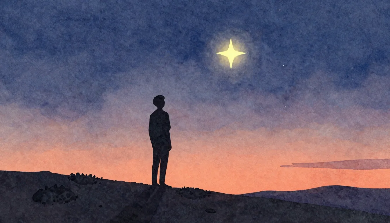 Watercolor style. A solitary silhouette standing on a hill a...