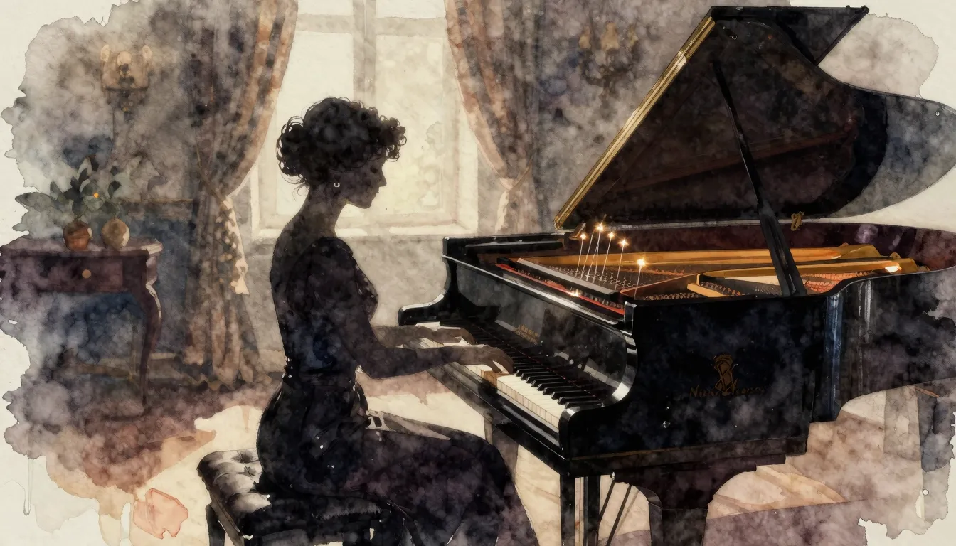 Watercolor style. Silhouette of a woman playing a grand pian...