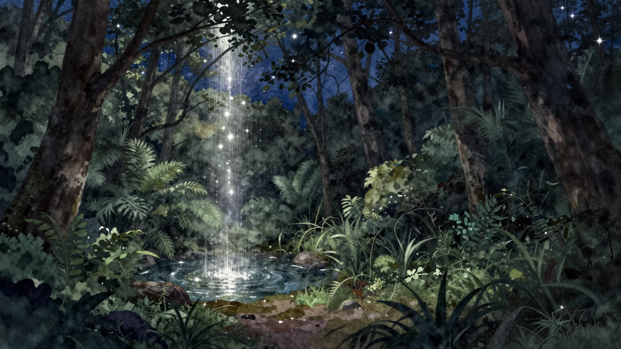 Watercolor style. A mystical dark forest with thick foliage....