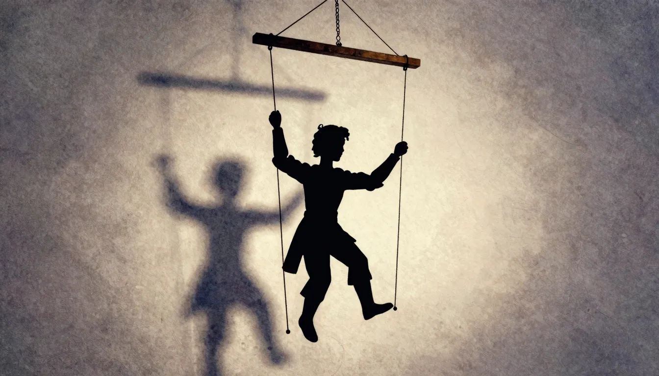 Watercolor style. A dark silhouette of a wooden marionette w...