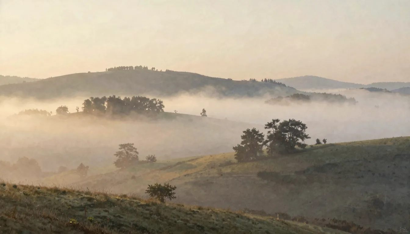 Watercolor style. A serene landscape at dawn, shrouded in a ...