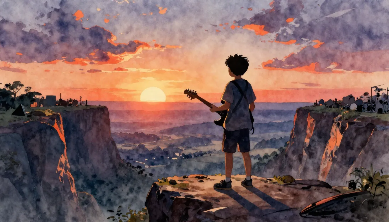 Watercolor style. Silhouette of a young boy with an electric...