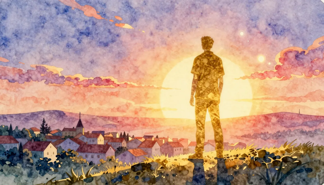 Watercolor style. A golden silhouette of a man standing on a...