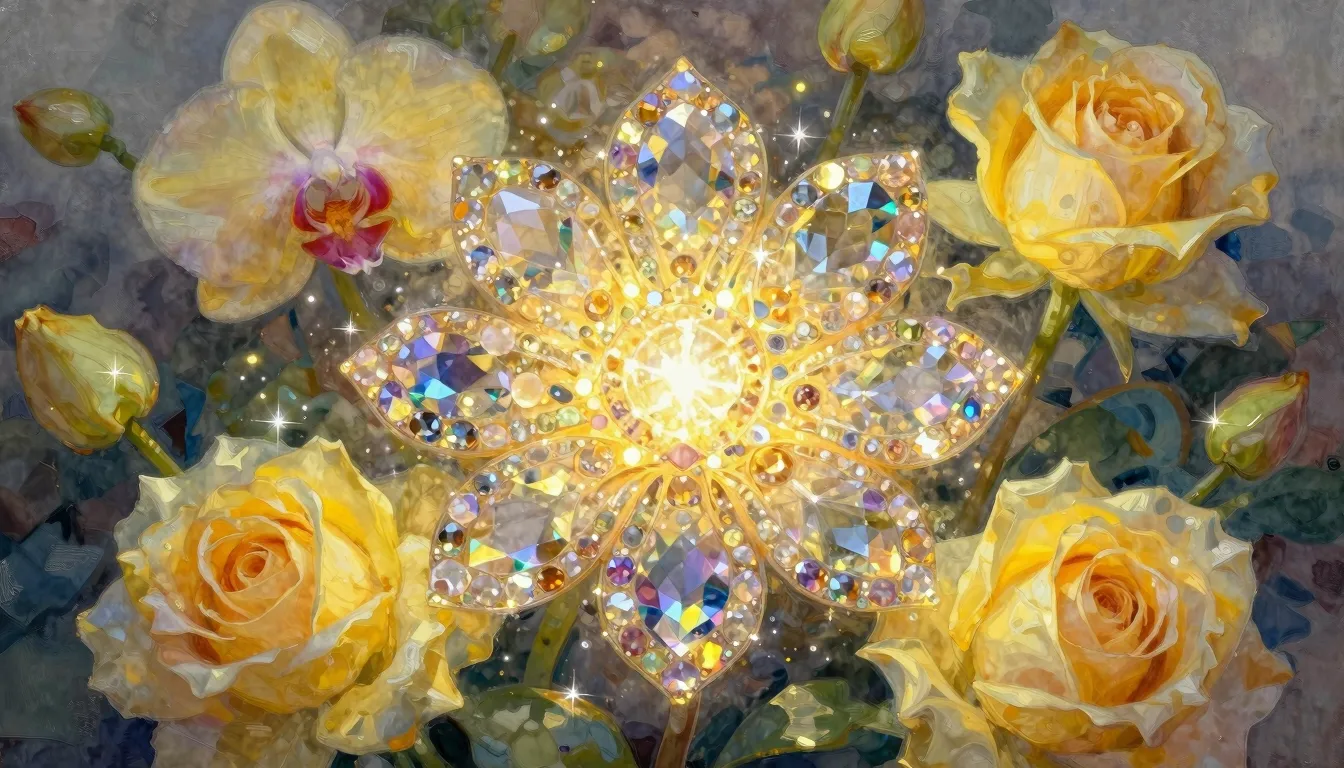 Watercolor style. Close up of a magical glowing flower made ...
