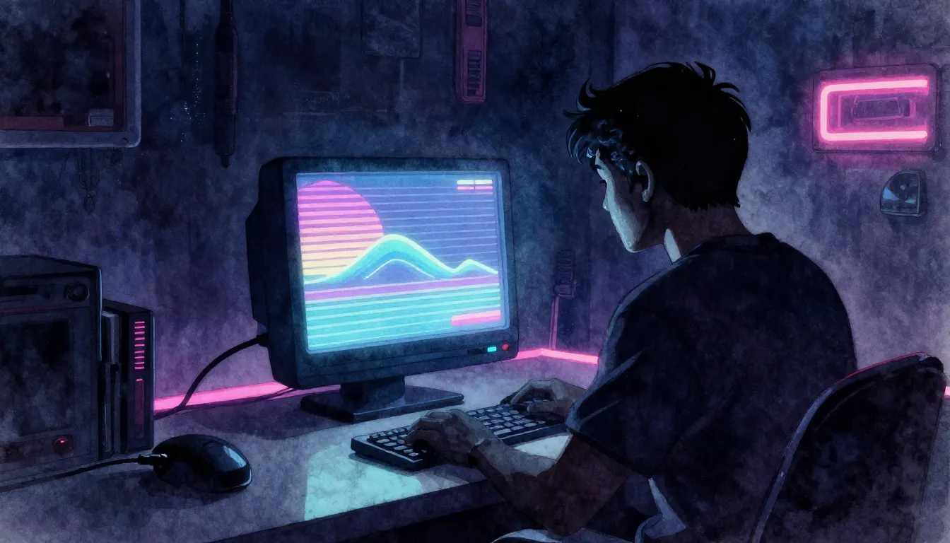 Watercolor style. Dark room silhouette, glowing computer scr...