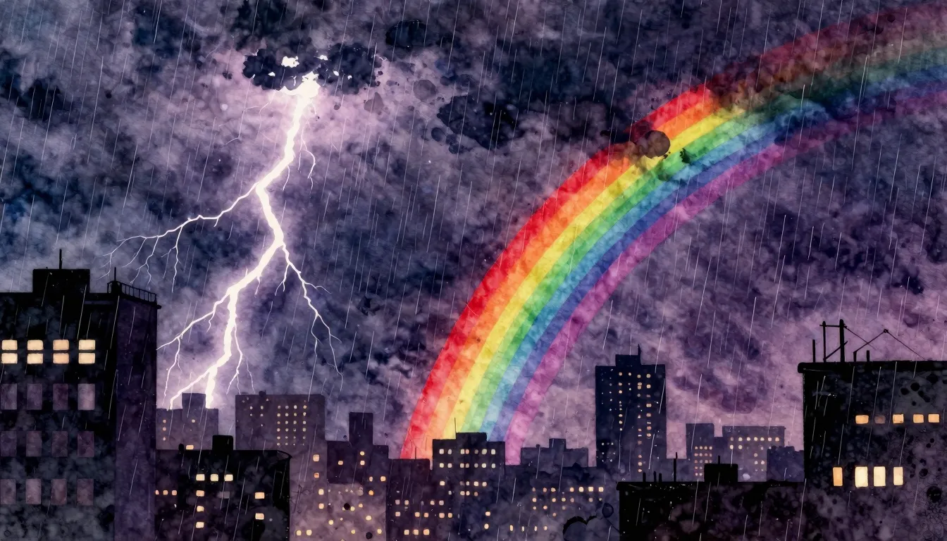 Vibrant watercolor style. Punk album cover, dark stormy city...