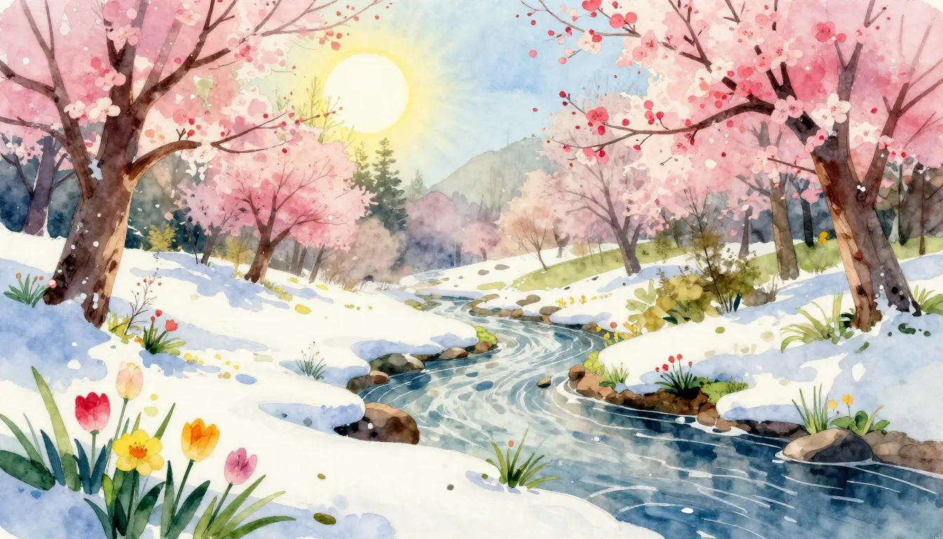 Vibrant watercolor style. Spring awakening, melting snow, br...