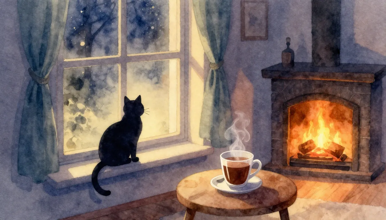 Watercolor style. A cozy evening scene with a glowing window...