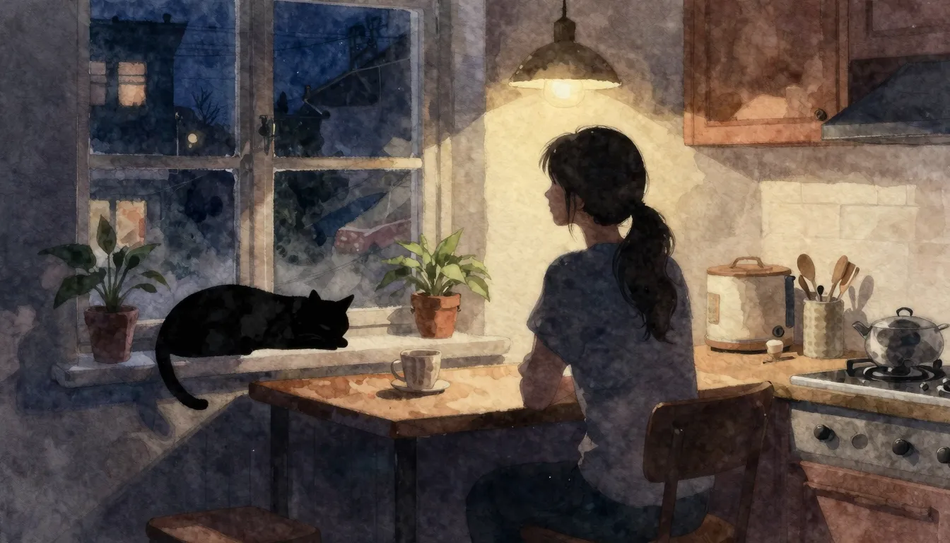 Watercolor style. A silhouette of a woman sitting at a kitch...