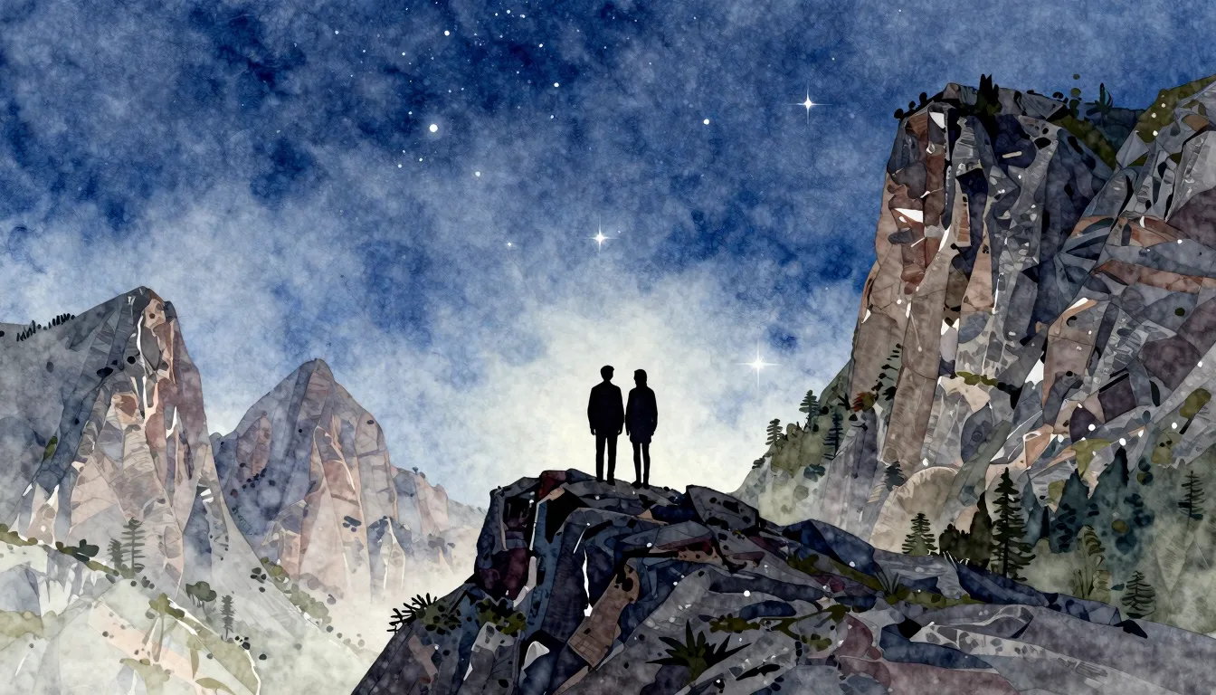 Watercolor style. Silhouette of a couple standing on a high ...