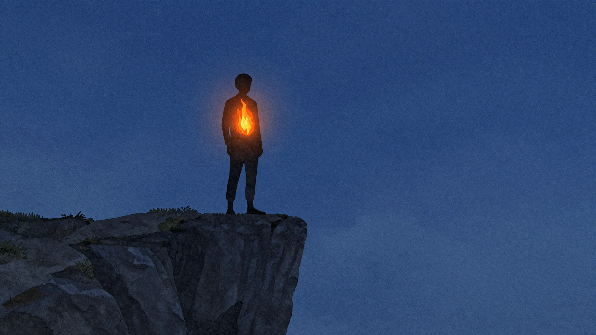 Watercolor style. A dark silhouette of a person standing on ...