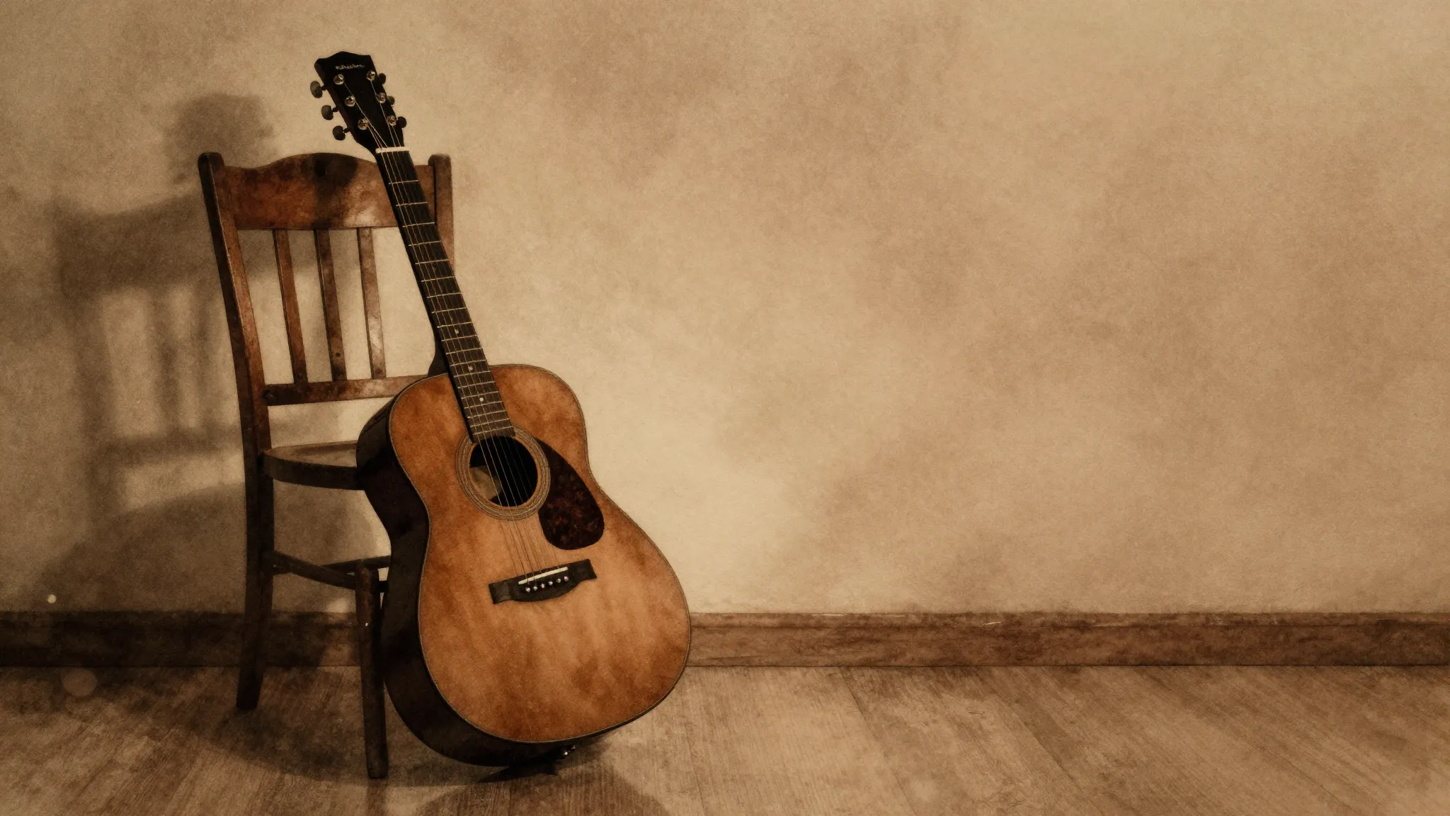 Watercolor style. A silhouette of a lone guitar leaning agai...