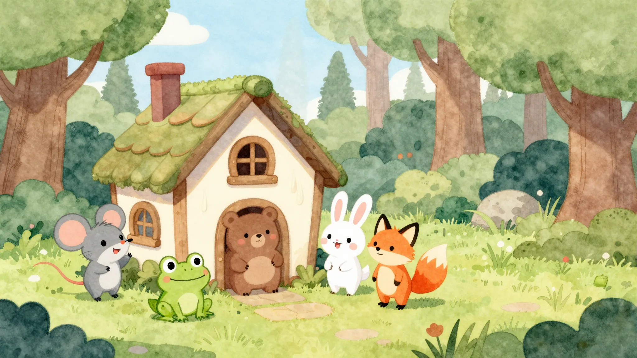 Vibrant watercolor style. Cute cartoon forest animals (mouse...