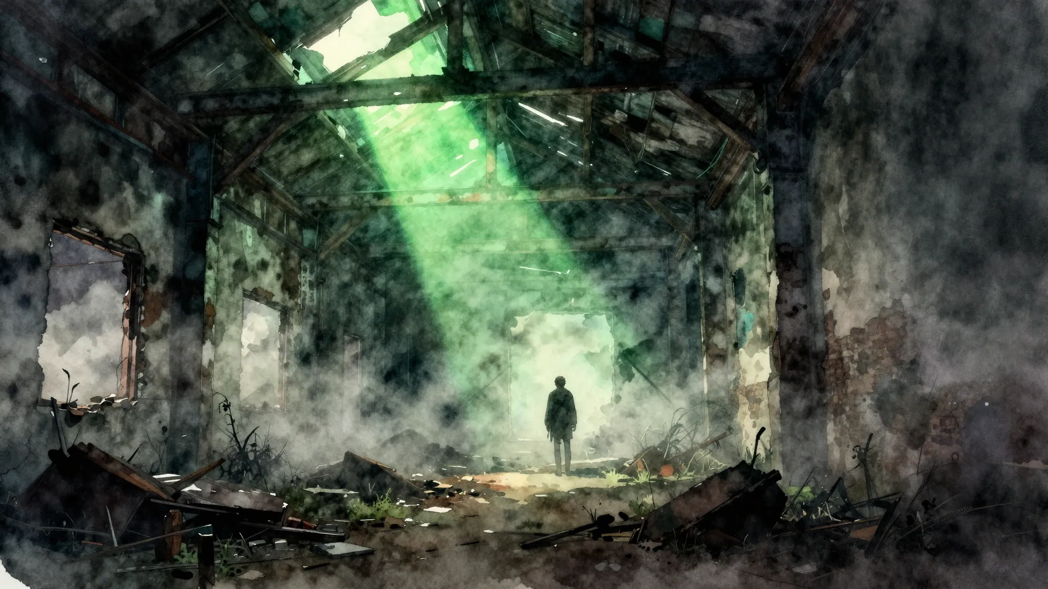 Watercolor style. A dark mysterious glowing anomaly in a rui...