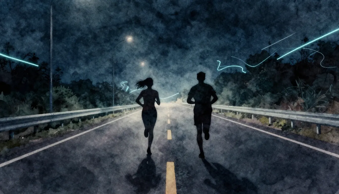 Watercolor style. Silhouette of two figures running on an em...