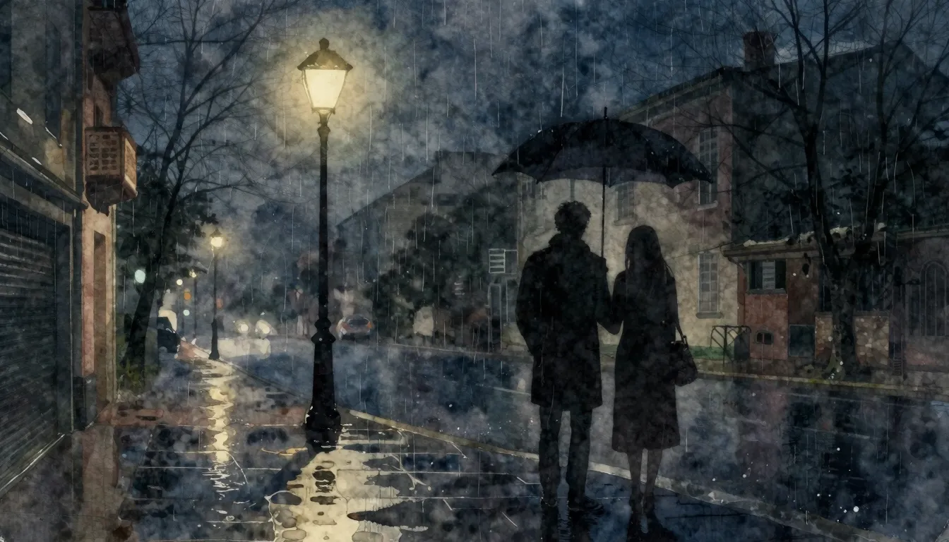 Watercolor style. A silhouette of a couple standing apart un...