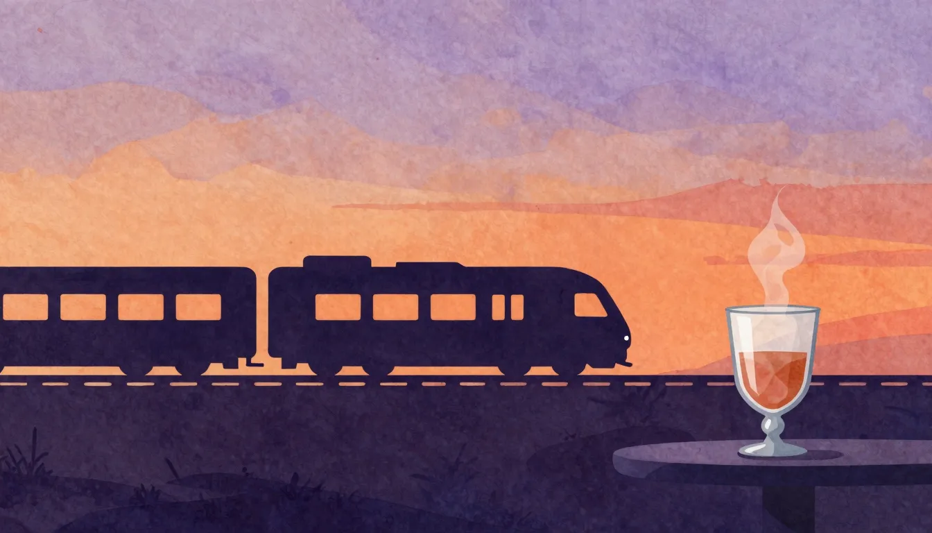 Watercolor style. Silhouette of a moving train on a horizon ...
