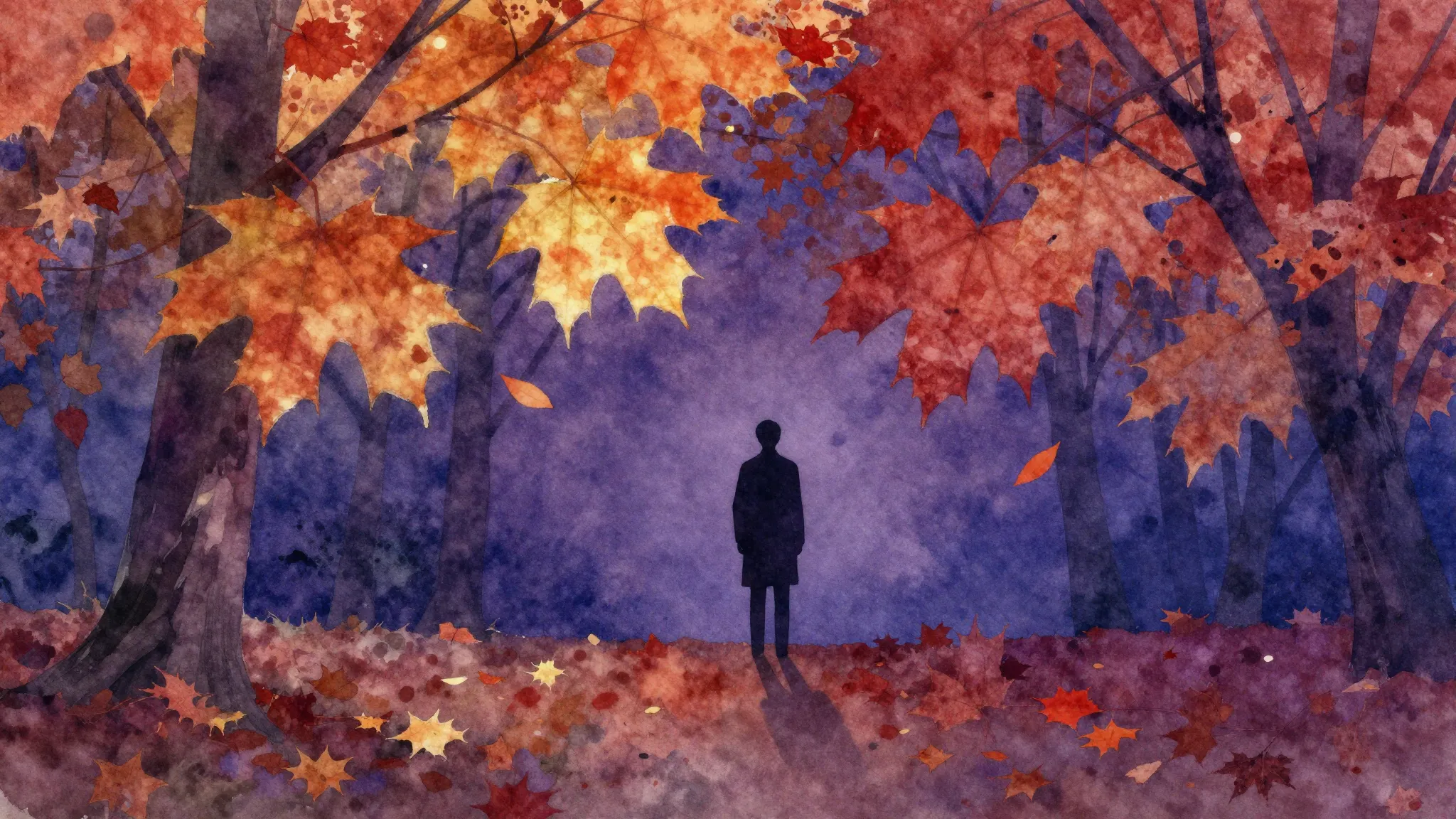 Vibrant watercolor style. Opera album cover. Autumn leaves, ...
