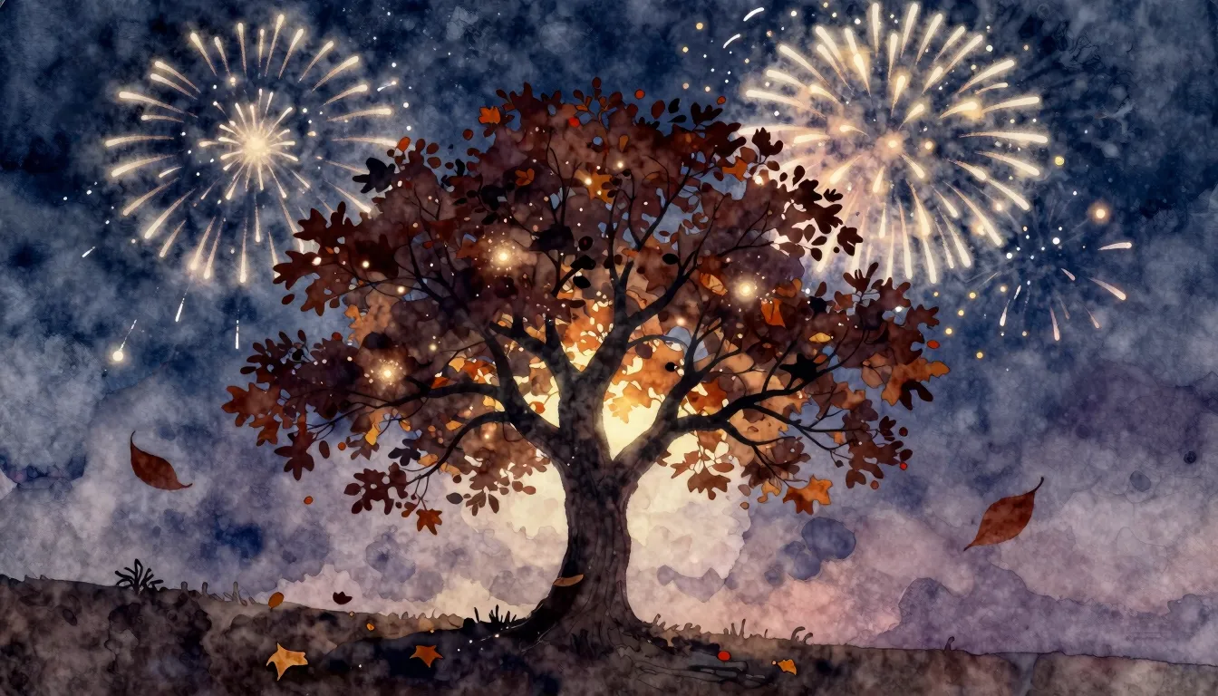 Watercolor style. Silhouette of a tree against a night sky w...
