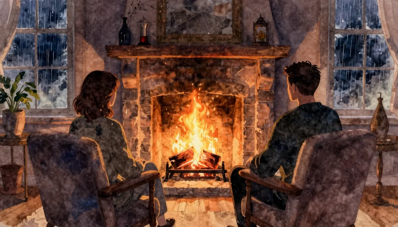 Watercolor style. A cozy room with a fireplace, two silhouet...