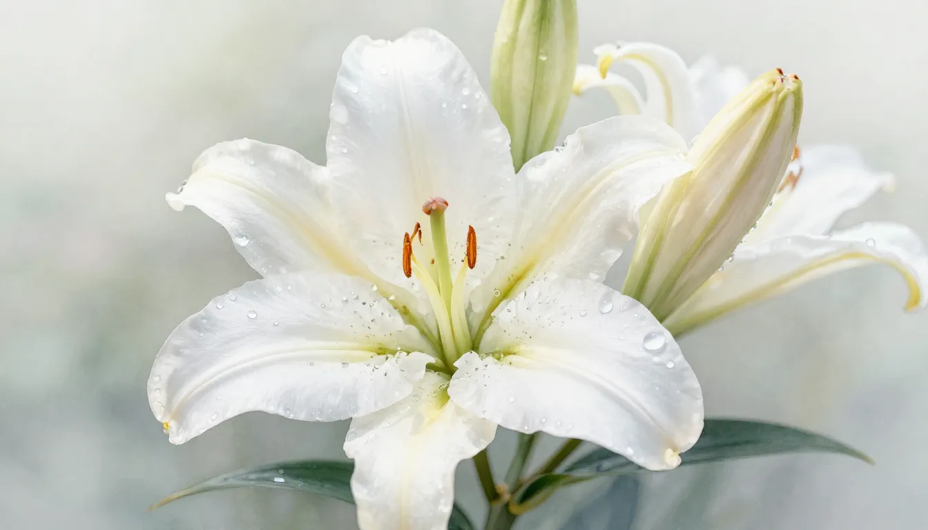 Watercolor style. Close-up of a delicate white lily flower w...