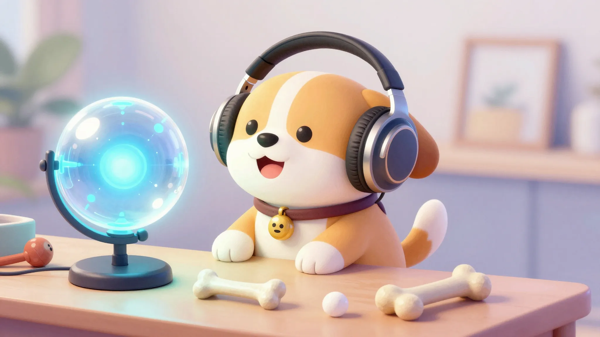 Watercolor style. A happy dog wearing big headphones looking...
