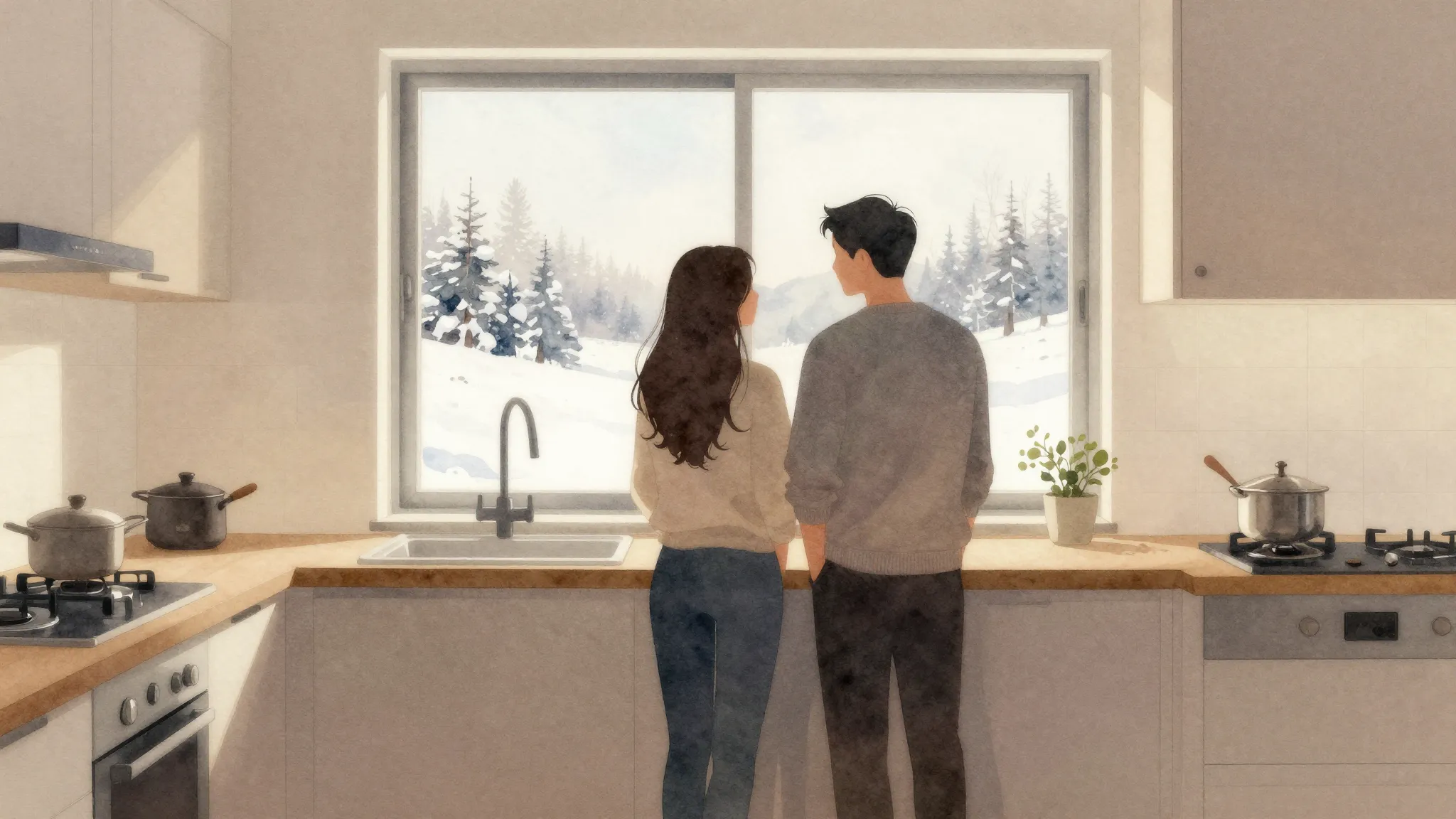 Watercolor style. Silhouette of a couple standing in a warm ...