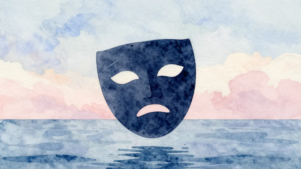 Watercolor style. Silhouette of a theater mask floating abov...