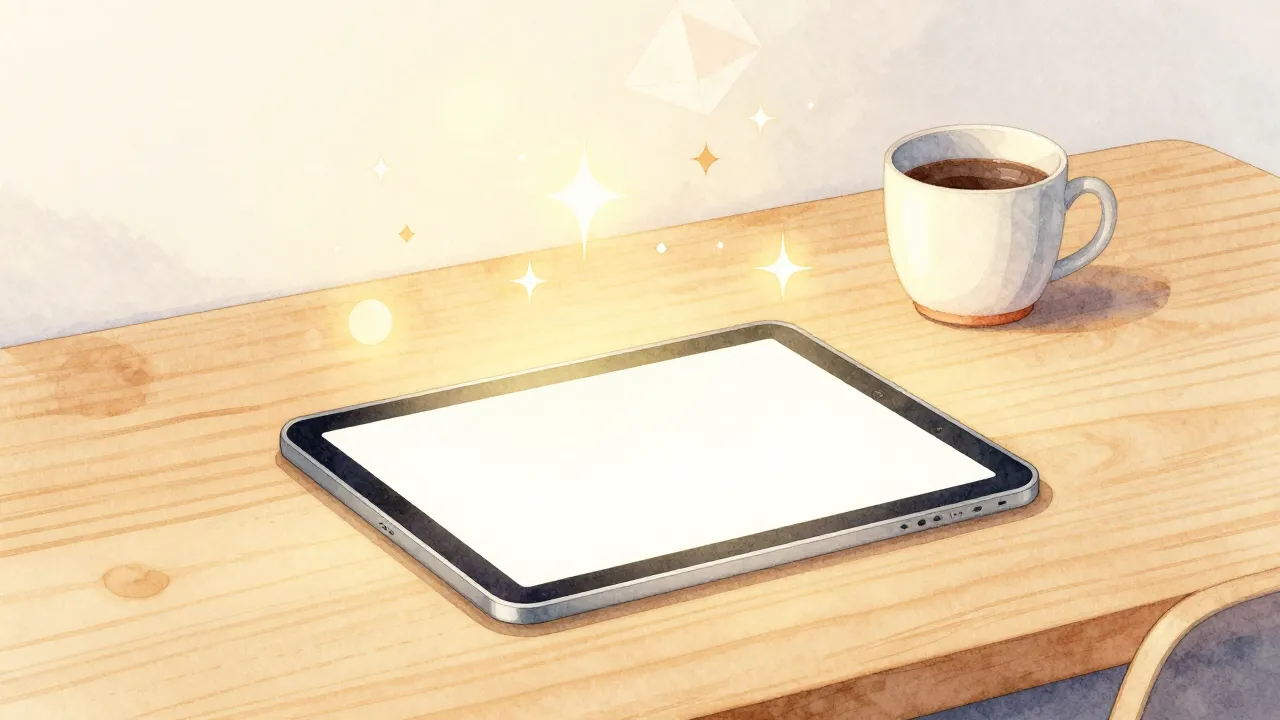 Watercolor style. A cozy workspace with a glowing digital ta...